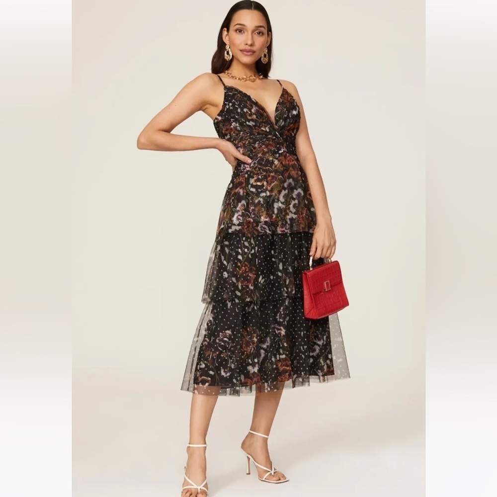 Marchesa Notte Dot Tiered Tulle Fliral Midi Dress sz 2